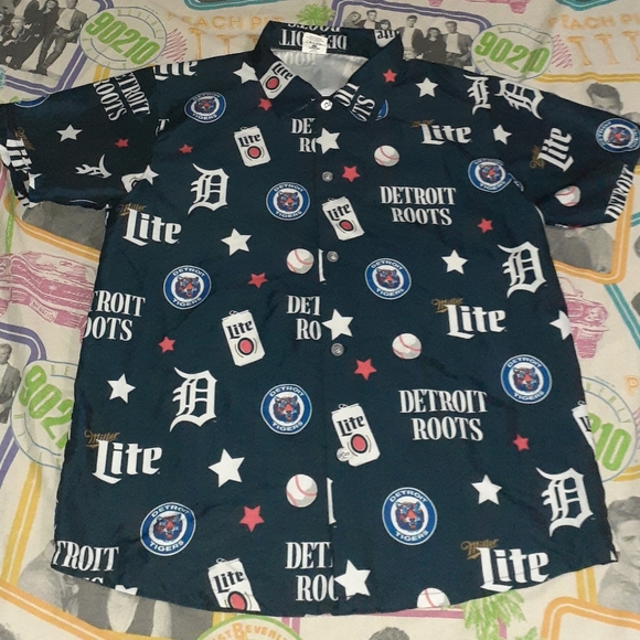 Detroit Tigers Miller Lite All Over Print Button Up Shirt Beer Baseball  Hawaiian